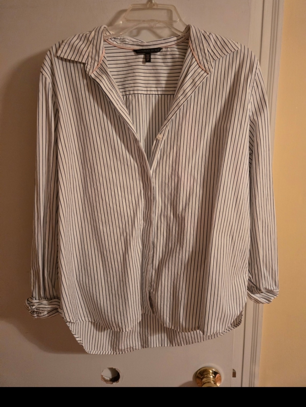 Striped Button-Front Blouse - White with Black Pinstripes